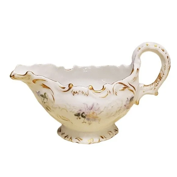 Vtg Limoges Creamer Serveware Ceramic Porcelain White Gold Trim Flowers France - Picture 2 of 5